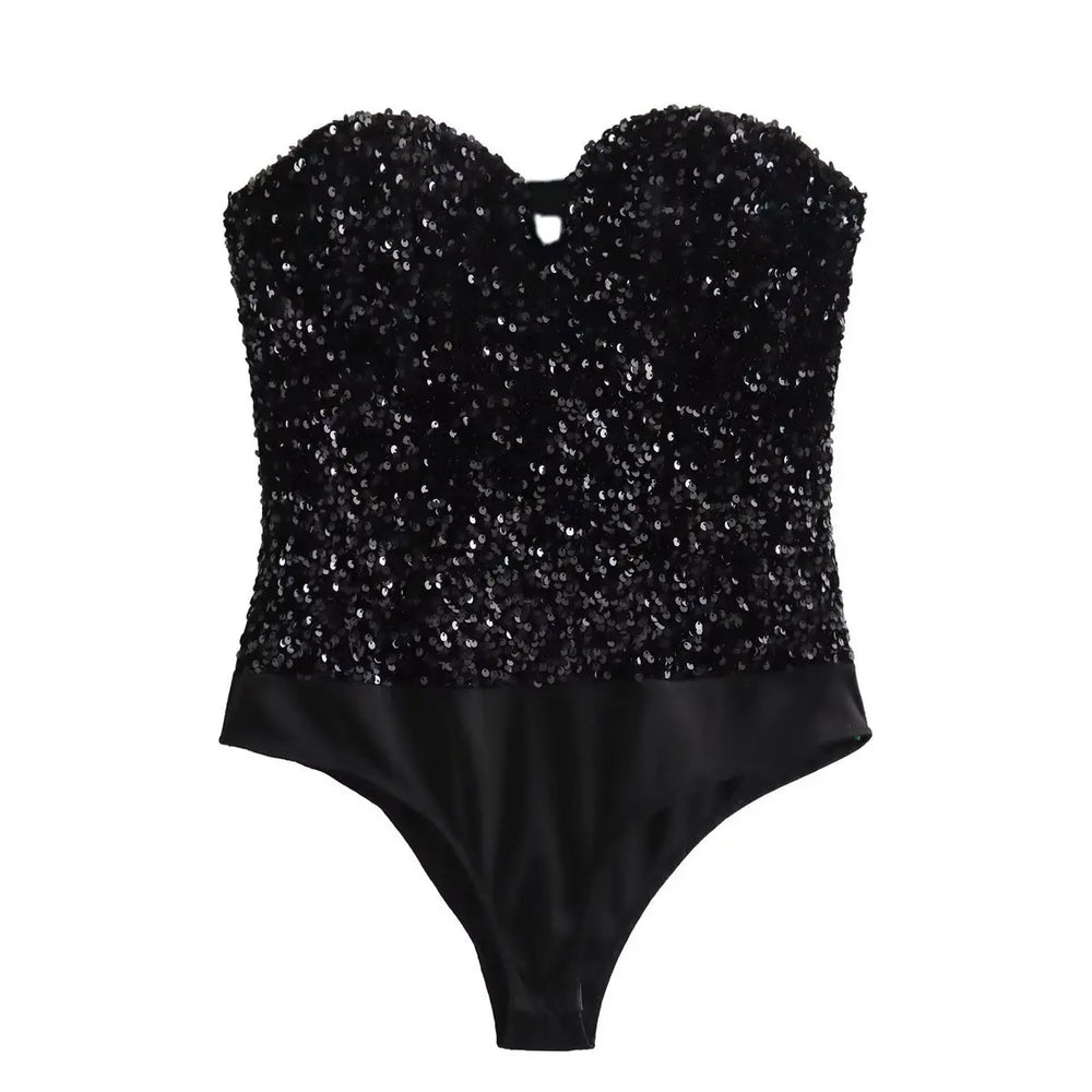 Black strapless swimsuit with sequin top on a white background