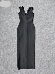 Sleeveless V-neck bandage long dress for evening parties.