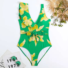 Tie-Strap V-Neck One-Piece Swimsuit with Matching Sarong Set