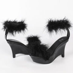 Feather Trim Wedge Platform Sandals