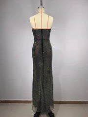 Strapless Crystal Diamonds Black Maxi Dress