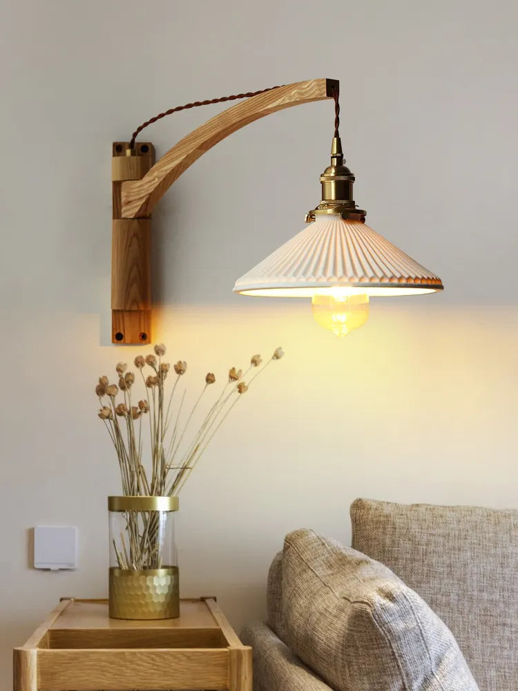 Walnut Wood Adjustable Ceramics Lampshade LED Fold Light