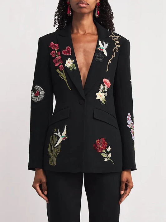 Detailed view of bead embroidery on a black blazer lapel