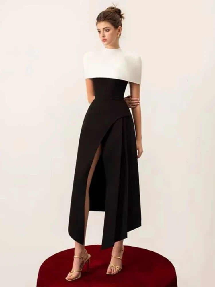 Colorblock asymmetrical midi dress detail