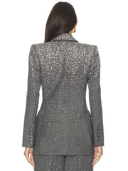 Back view of the grey crystal-embellished blazer, highlighting the crystal pattern on the shoulders and sleeves.