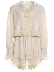 Beige Tiered Bell Sleeve Lace Up Mini Dress