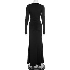 Plunge Neck Full Sleeve Waist Detailed Maxi Dress