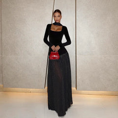 Black Long SLeeve Polka Dot Patchwork Print Maxi Dress With Scarf