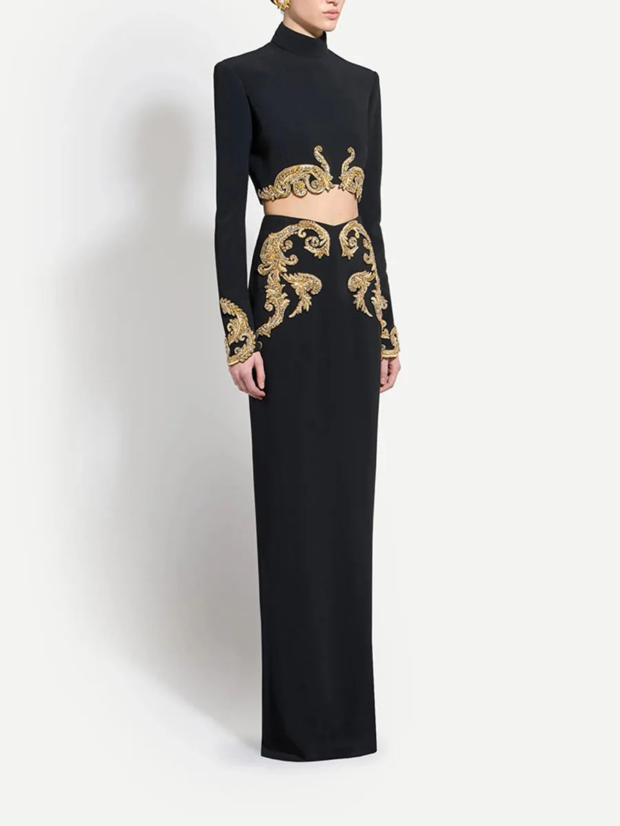 Embellished Turtleneck Cropped Top and Column Skirt Set - Back View