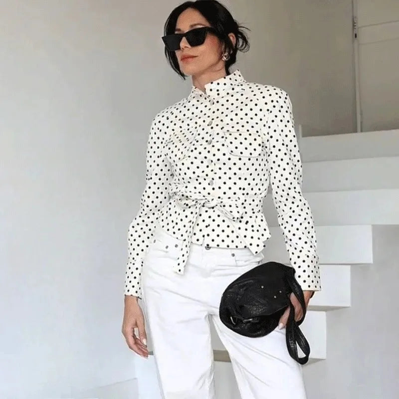 Polka dot button-up shirt with tie detail