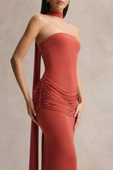 Strapless Choker Neck Gathered Waist Maxi Dress