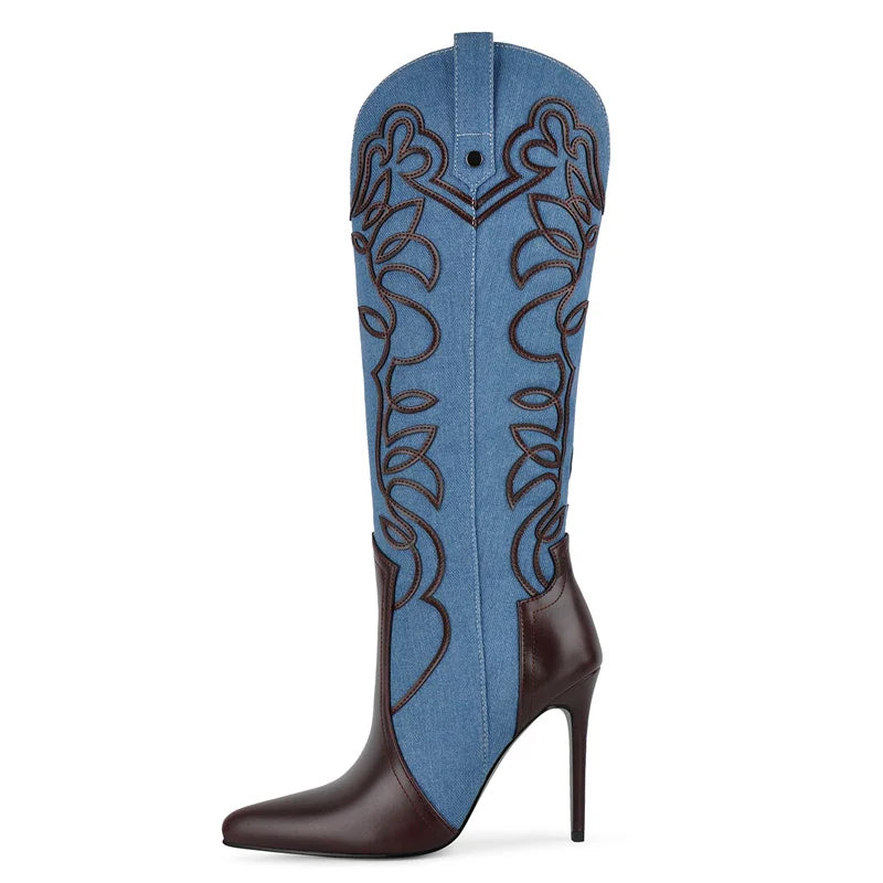 Blue denim and brown leather embroidered stiletto knee high boots
