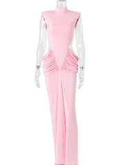 Cutout Ruched Mock Neck Sleeveless Maxi Dress