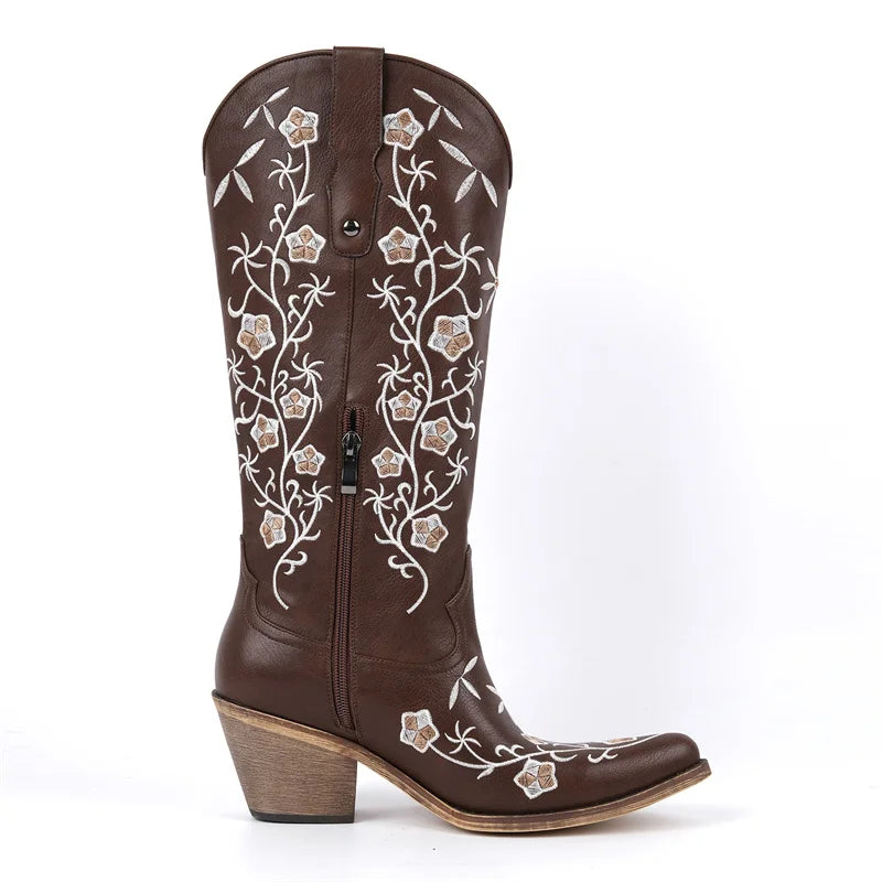Brown floral embroidered pointed toe knee high cowboy boots