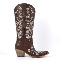 Brown floral embroidered pointed toe knee high cowboy boots