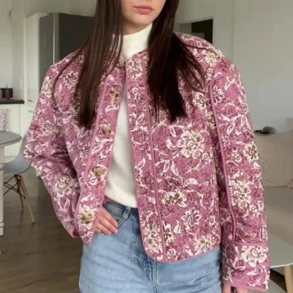 Floral quilted puffer jacket on a model