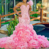 Pink Mermaid Flowers Appliques Ruffles Bottom Prom Dress