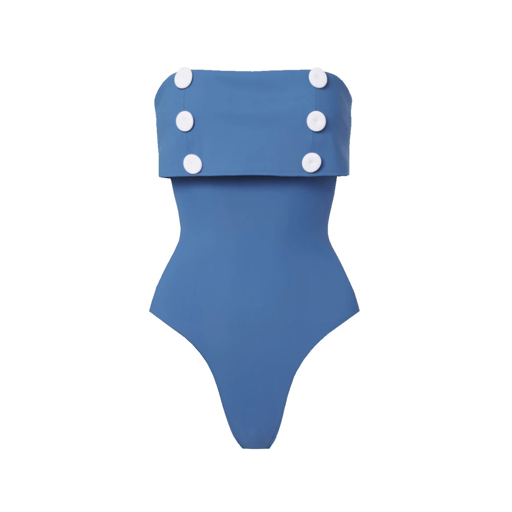 Strapless blue one-piece swimsuit with white button detail