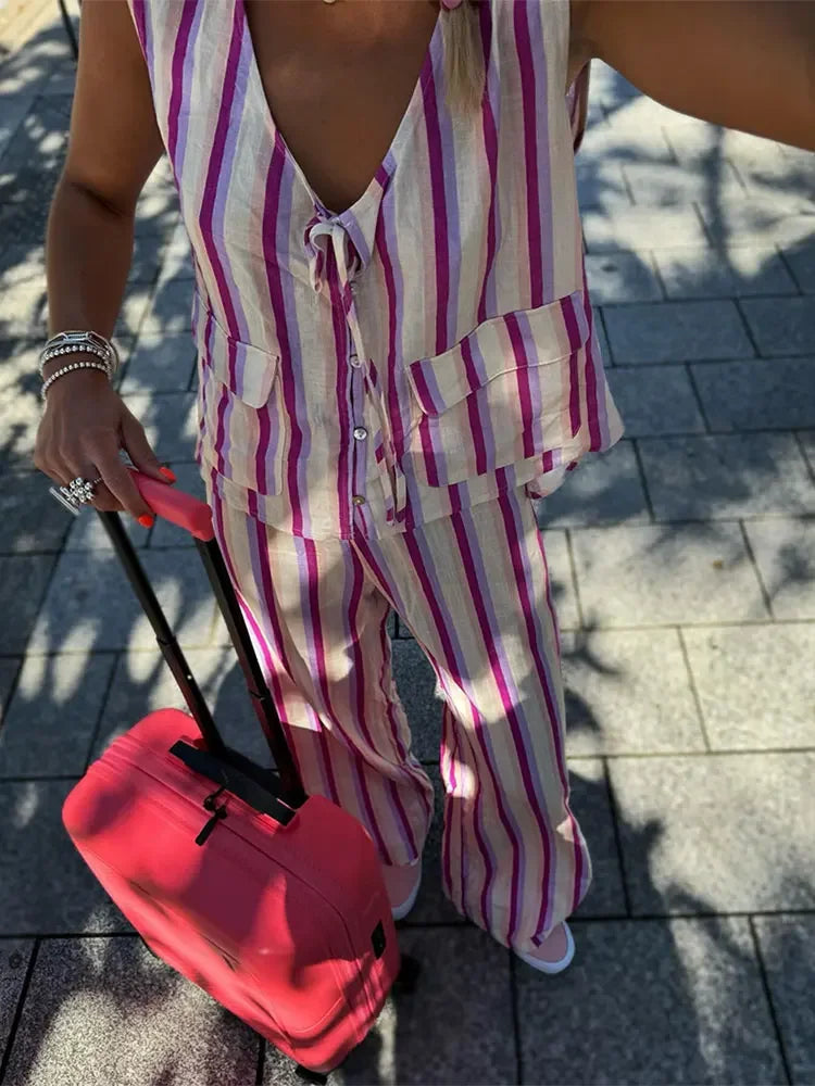 Women Casual Contrasting Stripes Shirt Pants Suit Chic Round Neck Sleeveless Lace Up Tops Wide Leg Trousers Set Summer Outfit Golden Atelier