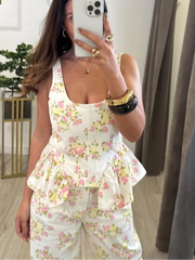 Floral print peplum corset top and wide leg pants set detail