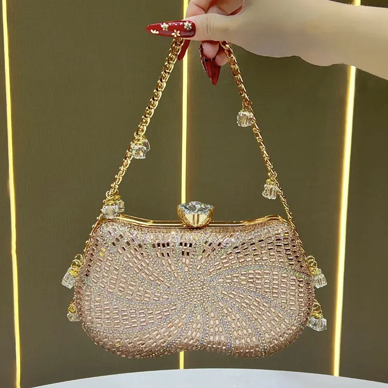 Champagne sunburst beaded clutch bag with crystal chain