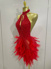 Beaded Feather Halter Sequin Mini Dress