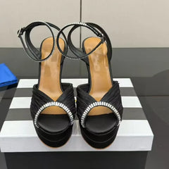 Rhinestone Pleated Mesh Open-Toe Ankle Strap Heels
