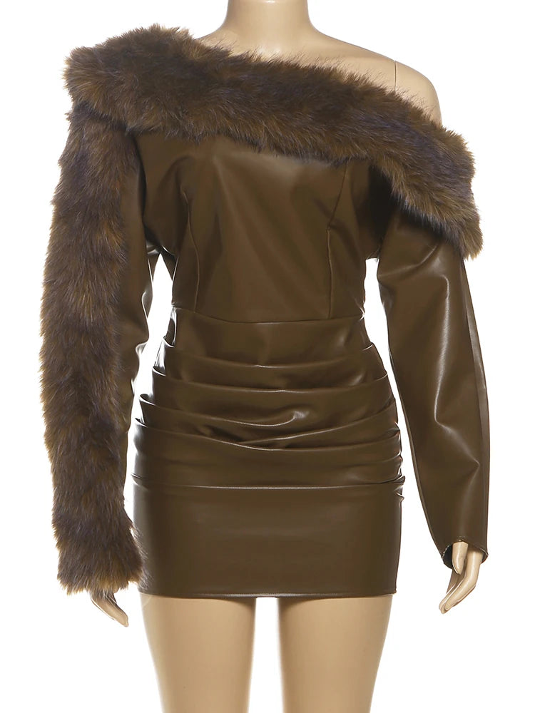 Brown leather dress with fur collar on a mannequin against a white background