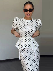 White polka dot puff sleeve peplum midi dress