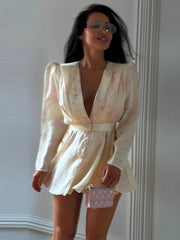 Floral print puff sleeve v-neck mini dress