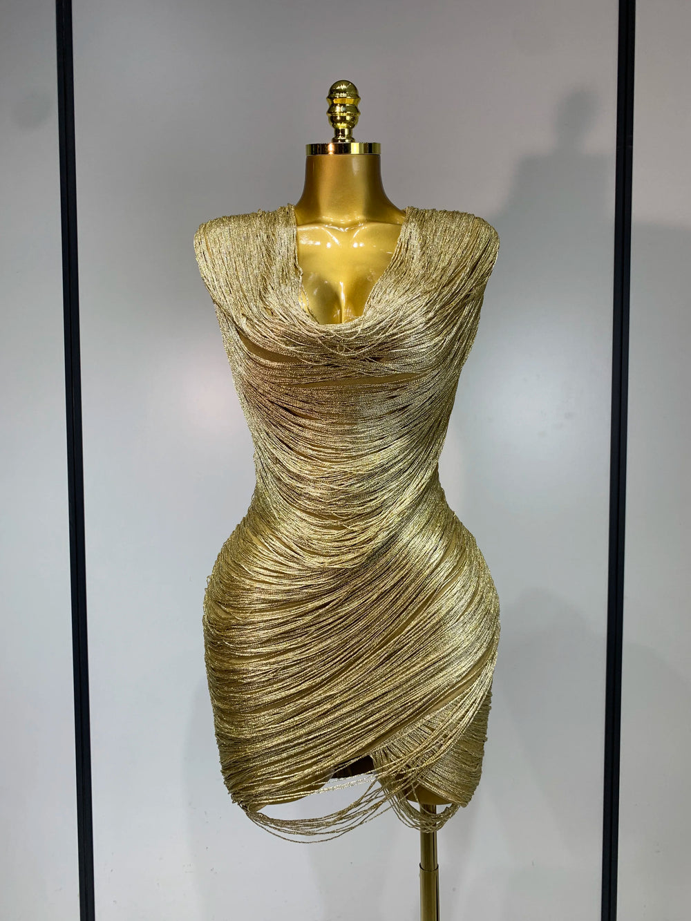 Draped metallic mini dress front view