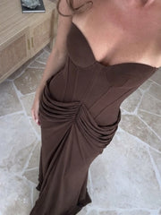 Strapless Corset Folds Wasit Detail Gown With Scarf