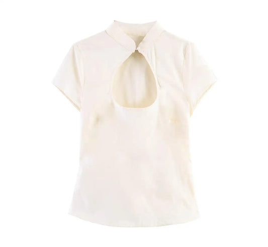 Ivory cut-out stand collar blouse, front view