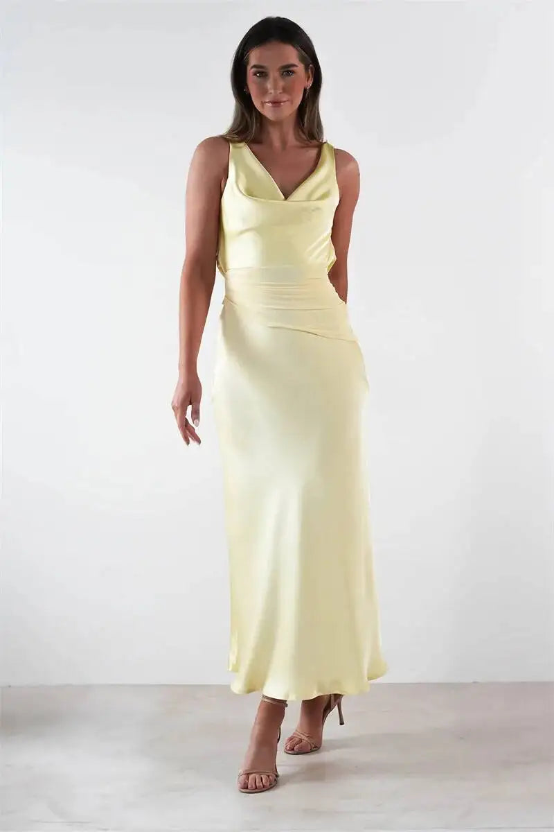 Cowl neck maxi dress with sleeveless design and ruched waist