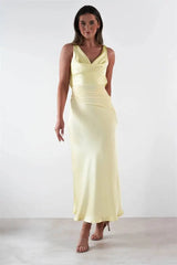 Cowl neck maxi dress with sleeveless design and ruched waist