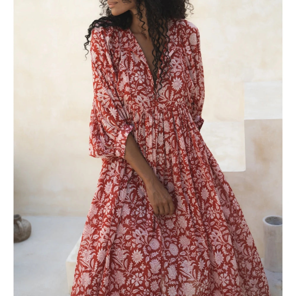 Red and white floral print maxi dress with V-neck