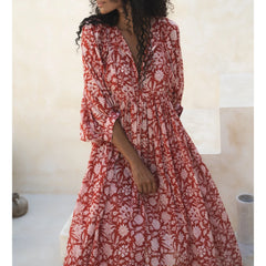 Red and white floral print maxi dress with V-neck