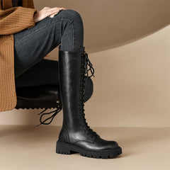 Leather Knee High Riding Boots Zipper Lace-up Long Boots - Golden Atelier