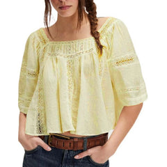Yellow lace trim square neck crop top