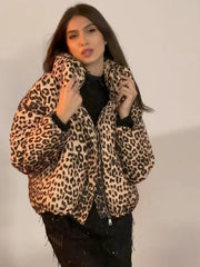 Leopard Print Puffer Zipper Jacket