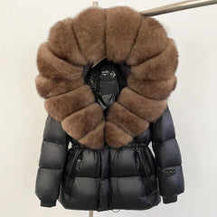 Hooded down jacket with a large brown fur trim.