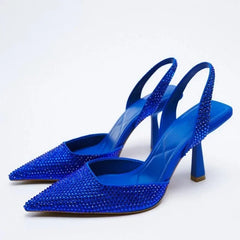 Blue crystal slingback pointed toe pumps