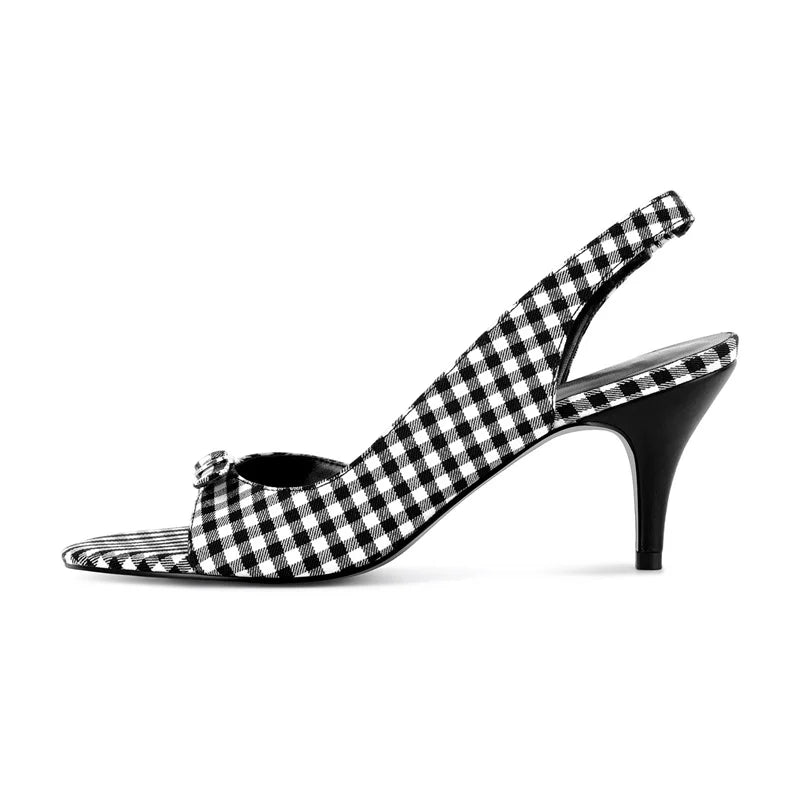 Side view of gingham slingback stiletto heels