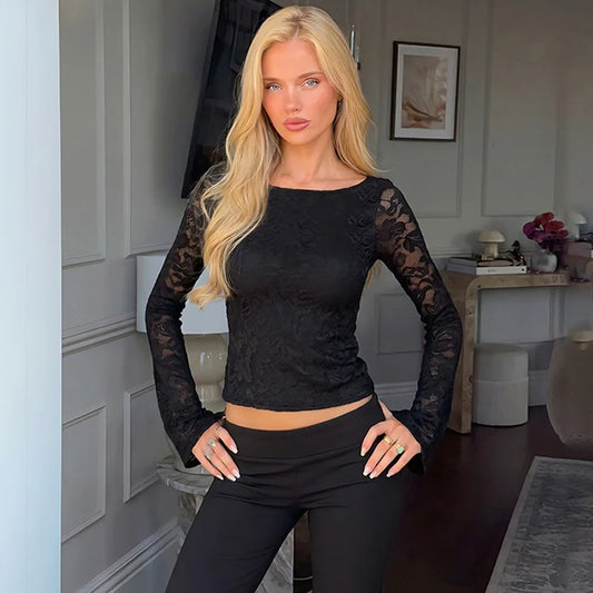 Black lace long sleeve round neck top