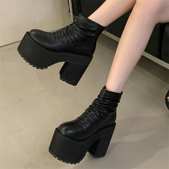 Pleated Platform Square High Heels Zipper Boots