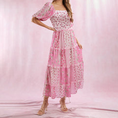 Pink Floral Ruffle Midi Dress | Tiered Empire Waist Romance