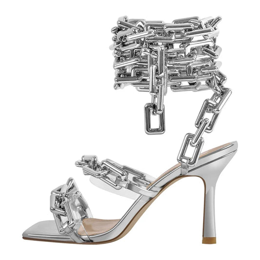 Silver chain ankle-wrap stiletto sandals with square toe
