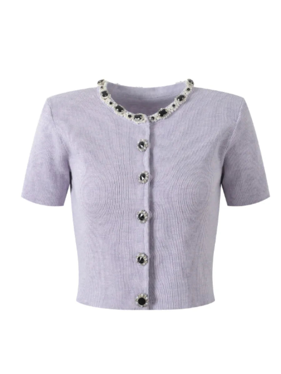 Short-sleeve cardigan with decorative buttons and neckline on a white background