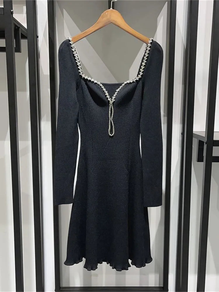 Black Knitted Diamond Edging Square Collar Mini Dress
