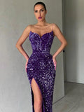 Women V-neck Sequin Purple Evening Midi Dress